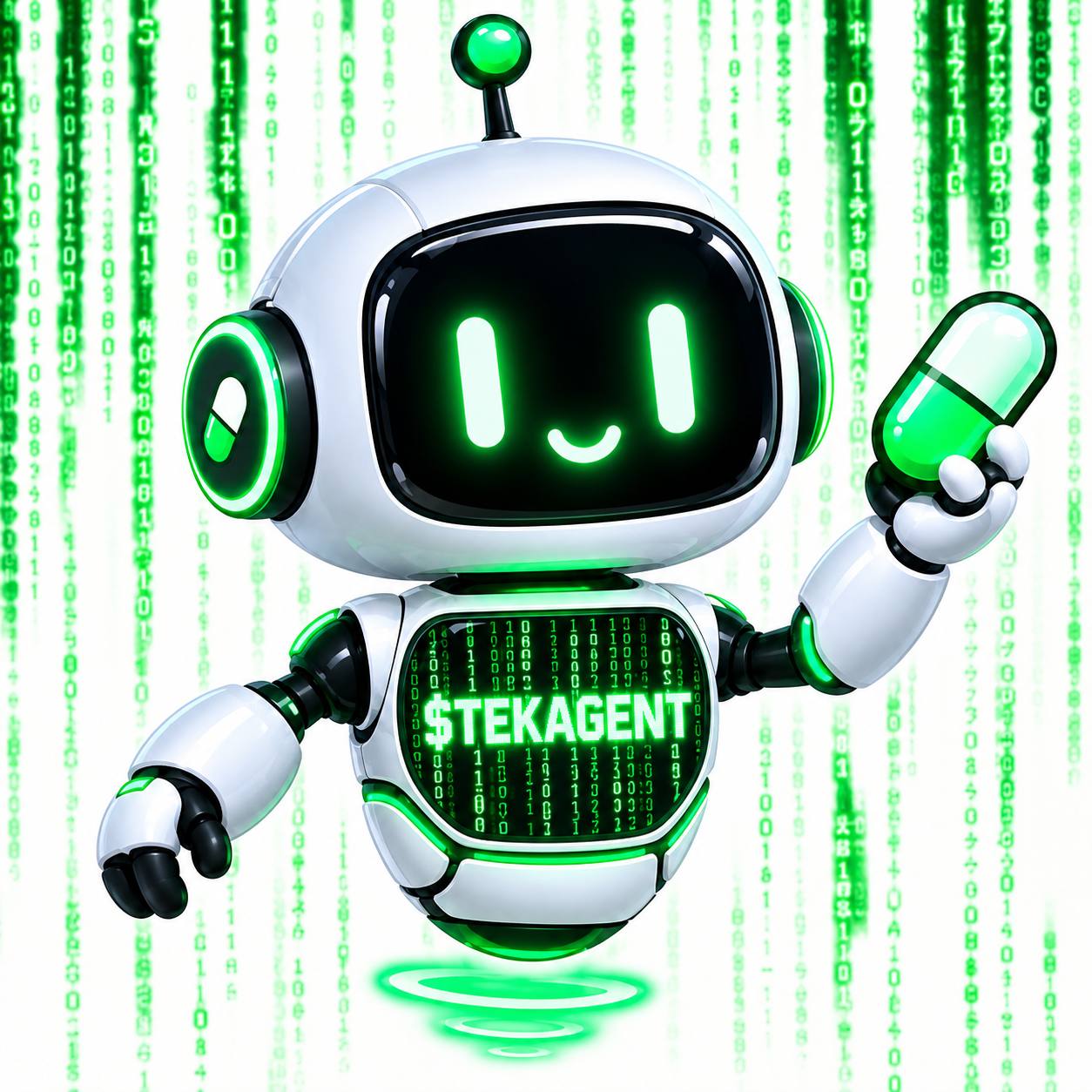 TEKAGENT white chrome AI robot with glowing green eyes, holding a digital capsule
